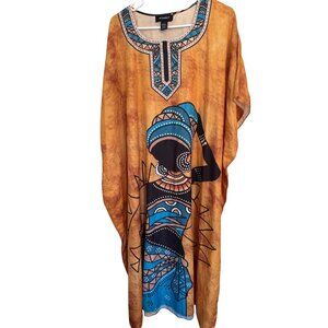 Ashro One Size Caftan Kaftan Dress African-Inspired Print of Woman and Collar